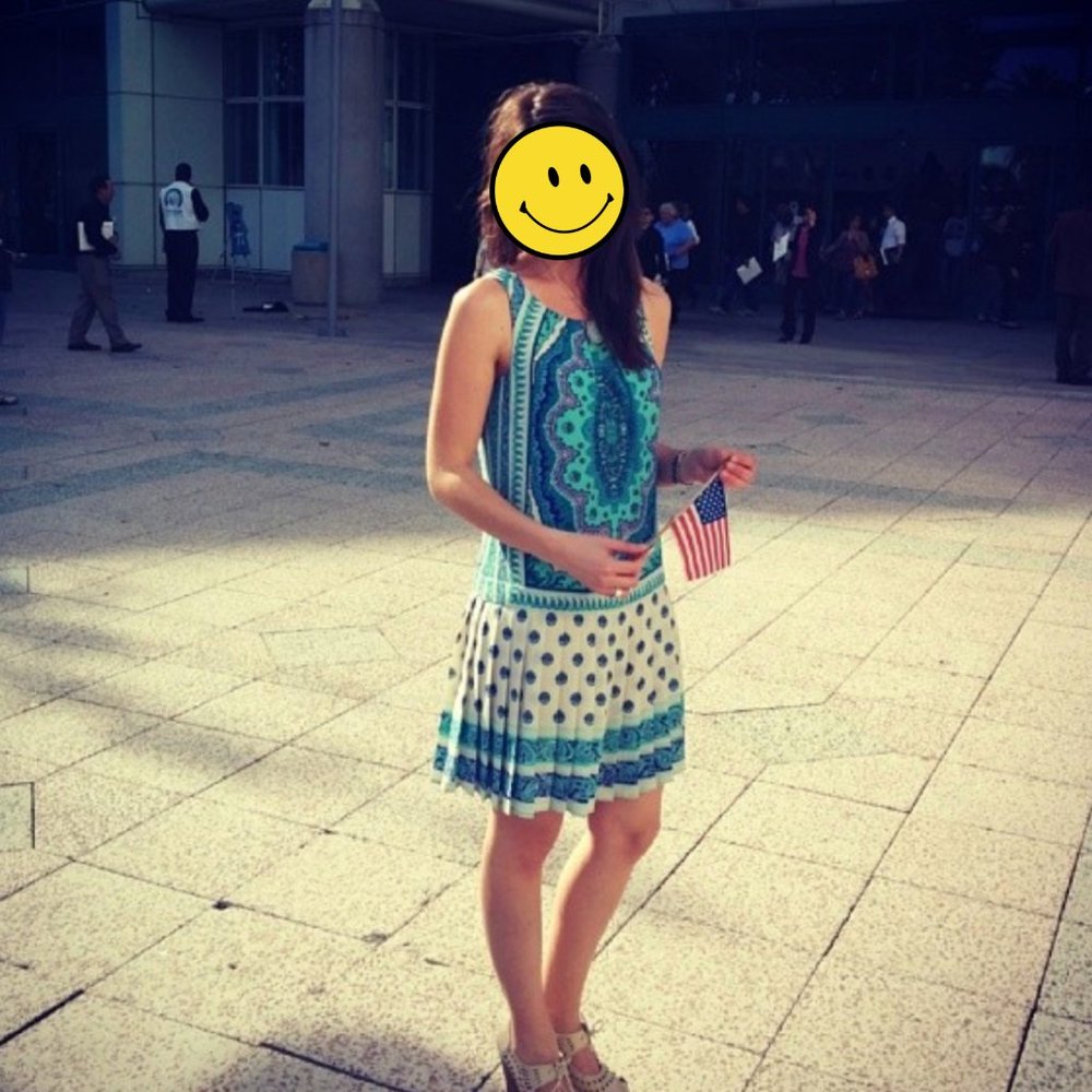 Blue and White Cocktail Dress With Pleated Skirt